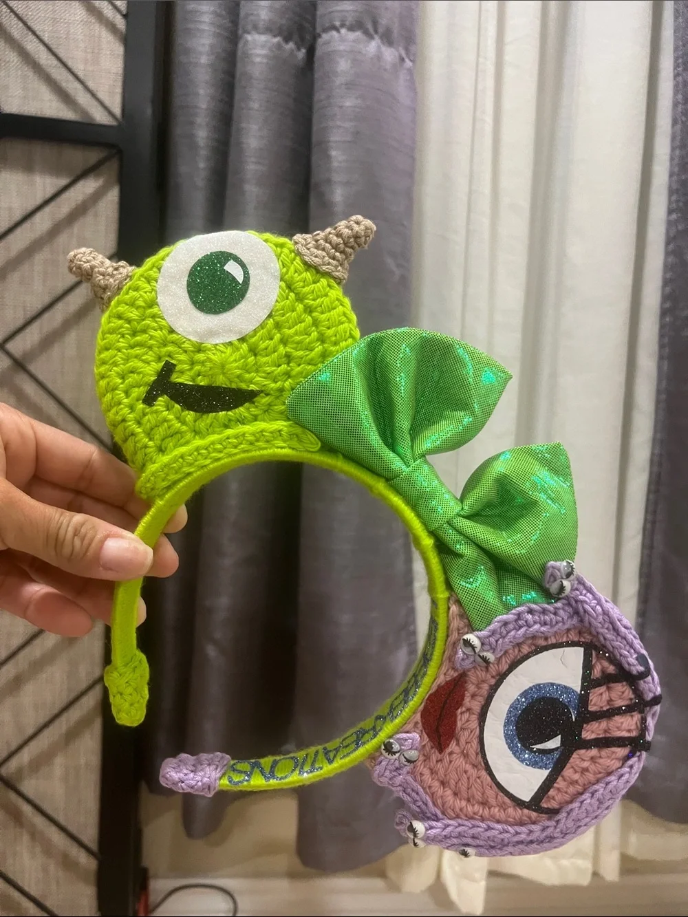 Handmade Crochet Kids Green Monster Headband with Purple Eye Accent